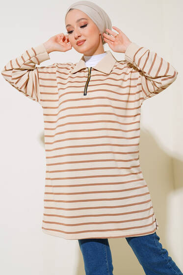Klasik Yaka Çizgili Tunik Latte - Tunik
