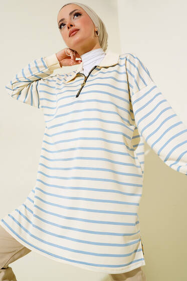 Klasik Yaka Çizgili Tunik Mavi - Tunik