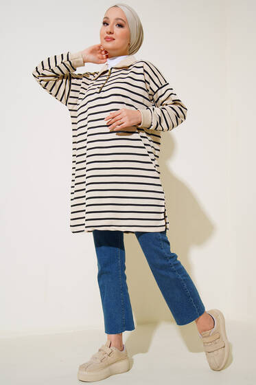 Klasik Yaka Çizgili Tunik Siyah - Tunik