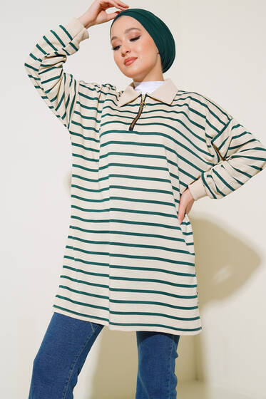 Klasik Yaka Çizgili Tunik Zümrüt - Tunik