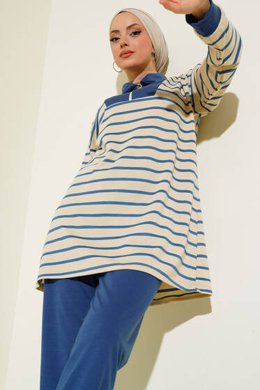 Klasik Yaka Fermuarlı İkili Takım İndigo - İkili Takım