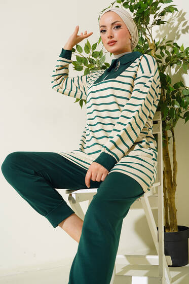 Klasik Yaka Fermuarlı İkili Takım Zümrüt Yeşil - İkili Takım