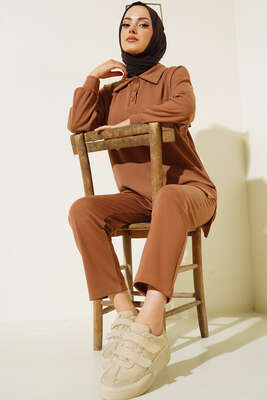 Klasik Yaka İnce Fitilli İkili Takım Camel 