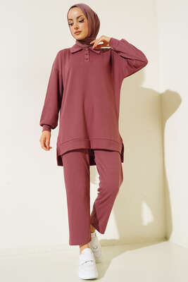 Klasik Yaka İnce Fitilli İkili Takım Gül Kurusu