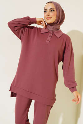 Klasik Yaka İnce Fitilli İkili Takım Gül Kurusu - İKİLİ TAKIM