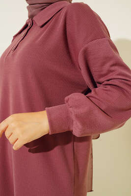 Klasik Yaka İnce Fitilli İkili Takım Gül Kurusu - İKİLİ TAKIM