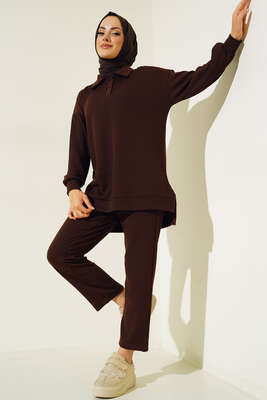 Klasik Yaka İnce Fitilli İkili Takım Kahve