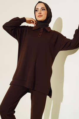 Klasik Yaka İnce Fitilli İkili Takım Kahve - İKİLİ TAKIM