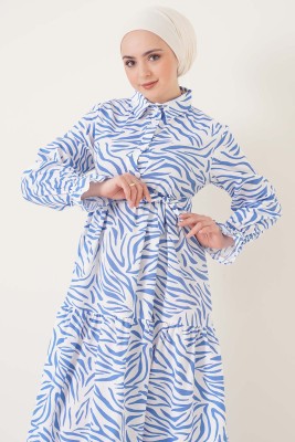 Klasik Yaka Zebra Desenli Mavi Elbise - Thumbnail