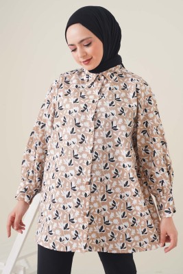 Klasik Yakalı Desenli Camel Tunik 