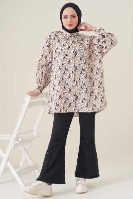 Klasik Yakalı Desenli Camel Tunik - Tunik