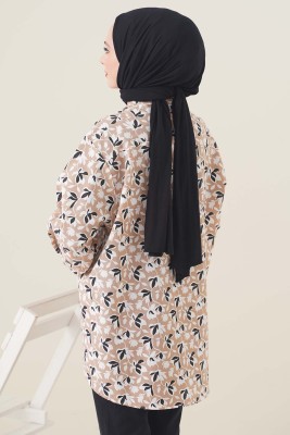 Klasik Yakalı Desenli Camel Tunik - Tunik