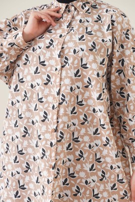 Klasik Yakalı Desenli Camel Tunik - Tunik