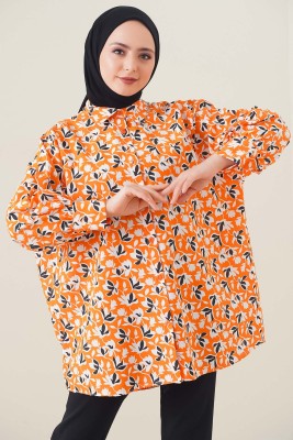 Klasik Yakalı Desenli Oranj Tunik 