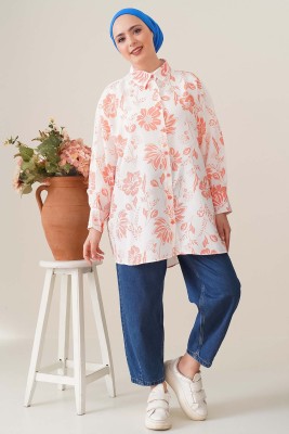 Klasik Yakalı Desenli Pudra Tunik - Tunik