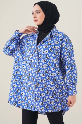 Klasik Yakalı Desenli Saks Tunik 