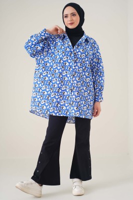 Klasik Yakalı Desenli Saks Tunik - Tunik
