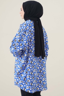 Klasik Yakalı Desenli Saks Tunik - Tunik