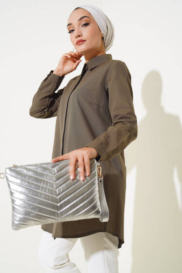 	 Klasik Yakalı Oval Kesim Haki Gömlek - Gömlek