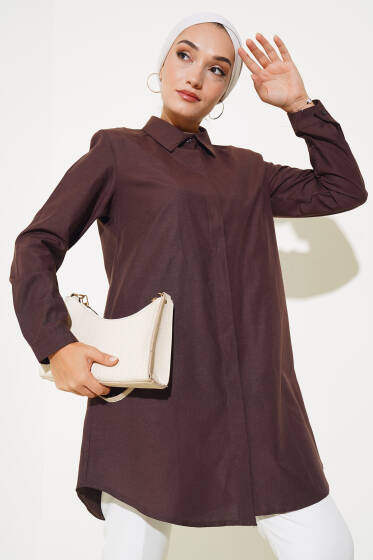 Klasik Yakalı Oval Kesim Kahve Gömlek - Yılın Fırsatı