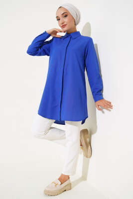 Klasik Yakalı Oval Kesim Saks Gömlek - Yılın Fırsatı