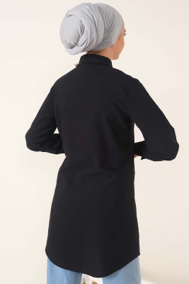 Klasik Yakalı Oval Kesim Siyah Gömlek - Thumbnail