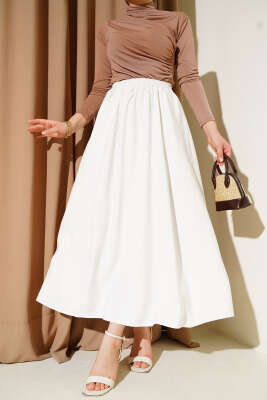 Kloş Bel Lastikli Cepli Tencel Etek Ekru