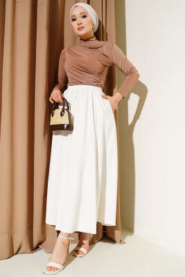 Kloş Bel Lastikli Cepli Tencel Etek Ekru - Uzun Etek