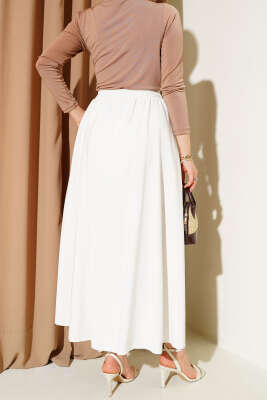Kloş Bel Lastikli Cepli Tencel Etek Ekru - Uzun Etek