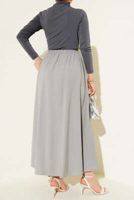 Kloş Bel Lastikli Cepli Tencel Etek Gri - Uzun Etek