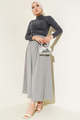 Kloş Bel Lastikli Cepli Tencel Etek Gri - Uzun Etek