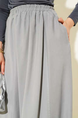 Kloş Bel Lastikli Cepli Tencel Etek Gri - Uzun Etek