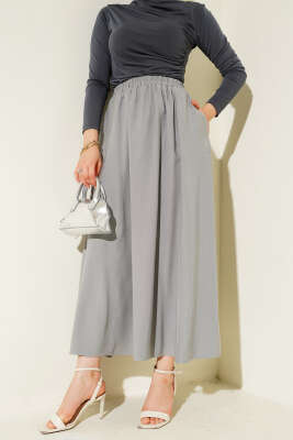 Kloş Bel Lastikli Cepli Tencel Etek Gri 