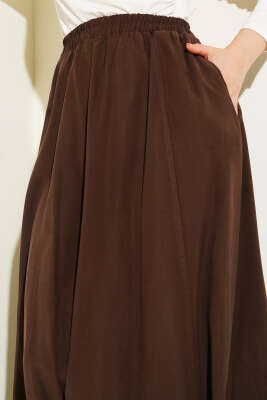 Kloş Bel Lastikli Cepli Tencel Etek Kahve - Uzun Etek