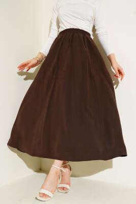 Kloş Bel Lastikli Cepli Tencel Etek Kahve