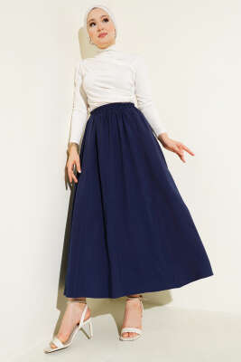 Kloş Bel Lastikli Cepli Tencel Etek Lacivert - Uzun Etek