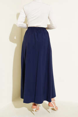 Kloş Bel Lastikli Cepli Tencel Etek Lacivert - Uzun Etek