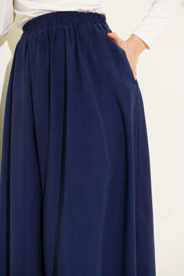 Kloş Bel Lastikli Cepli Tencel Etek Lacivert - Uzun Etek