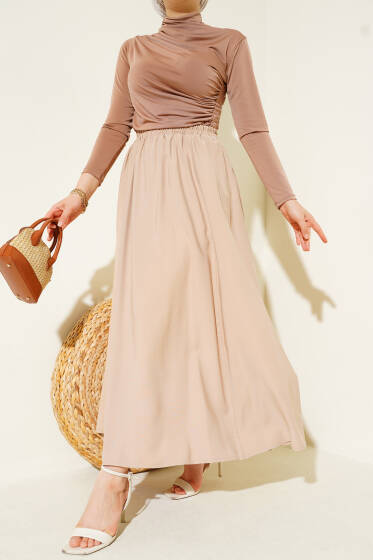 Kloş Bel Lastikli Cepli Tencel Etek Latte - Etek