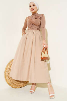 Kloş Bel Lastikli Cepli Tencel Etek Latte - Uzun Etek
