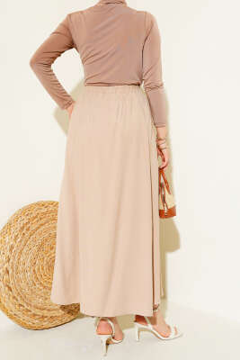 Kloş Bel Lastikli Cepli Tencel Etek Latte - Uzun Etek