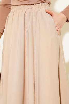 Kloş Bel Lastikli Cepli Tencel Etek Latte - Uzun Etek