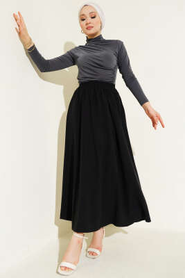 Kloş Bel Lastikli Cepli Tencel Etek Siyah - Uzun Etek