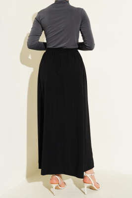 Kloş Bel Lastikli Cepli Tencel Etek Siyah - Uzun Etek