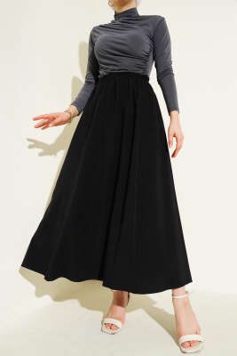 Kloş Bel Lastikli Cepli Tencel Etek Siyah