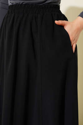 Kloş Bel Lastikli Cepli Tencel Etek Siyah - Uzun Etek