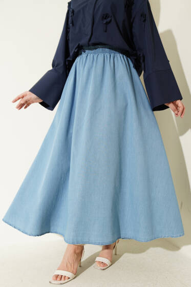 Kloş Bel Lastikli Kot Etek Açık Mavi - Etek