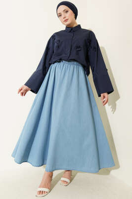 Kloş Bel Lastikli Kot Etek Açık Mavi - Etek