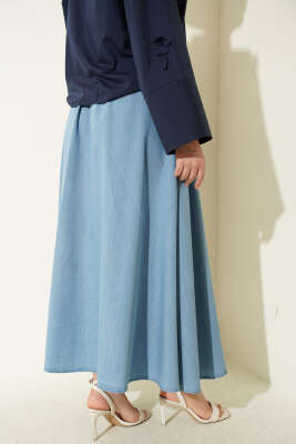 Kloş Bel Lastikli Kot Etek Açık Mavi - Etek