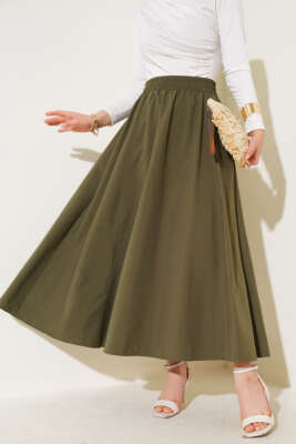 Kloş Beli Lastikli Cepli Etek Haki